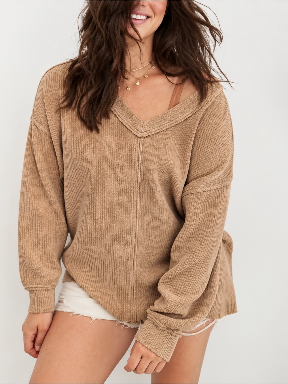 Aerie Wonder Textured V-Neck Sweatshirt Oversized Small